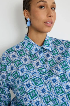 Camicia in mussola stampata - Verde Blu