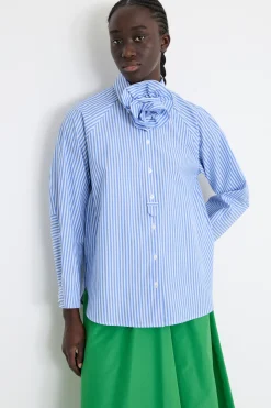 Camicia in popeline con applicazione floreale - Azzurro Bianco