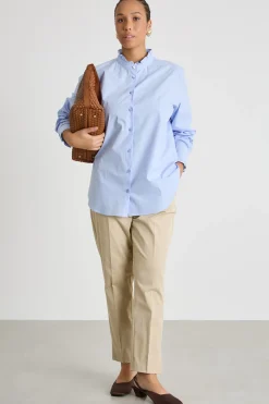 Camicia in popeline con colletto alla coreana - Azzurro