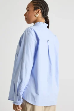 Camicia in popeline con colletto alla coreana - Azzurro