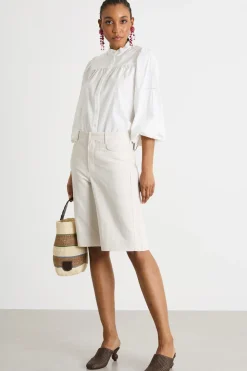 Camicia in popeline con colletto alla coreana - Bianco