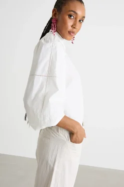 Camicia in popeline con colletto alla coreana - Bianco