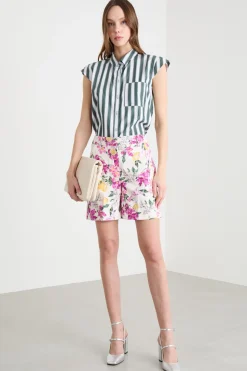Camicia in popeline con maniche ad aletta - Verde Bianco