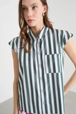 Camicia in popeline con maniche ad aletta - Verde Bianco
