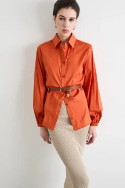 Camicia in popeline con maniche voluminose - Arancione