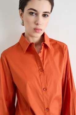 Camicia in popeline con maniche voluminose - Arancione