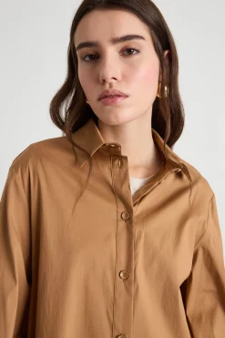 Camicia in popeline con maniche voluminose - Cammello