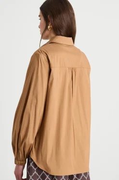 Camicia in popeline con maniche voluminose - Cammello