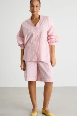 Camicia in popeline con plissé - Rosso Bianco