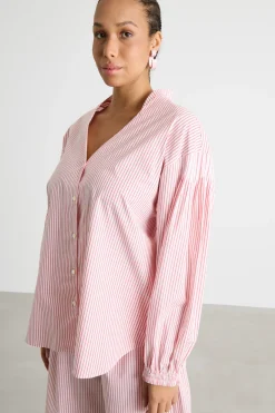 Camicia in popeline con plissé - Rosso Bianco