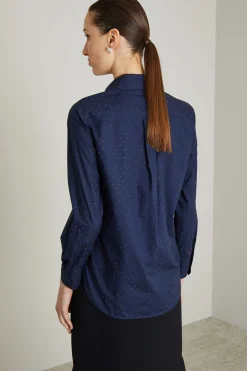 Camicia in popeline con strass - Blu
