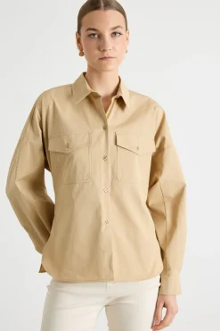 Camicia in popeline con tasche - Cammello