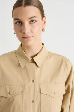 Camicia in popeline con tasche - Cammello
