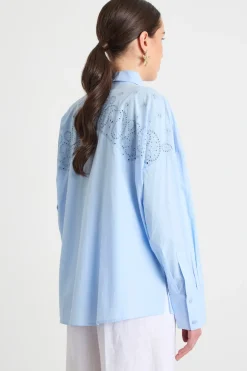 Camicia in popeline ricamato - Azzurro