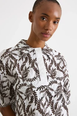 Camicia in popeline ricamato - Bianco Marrone