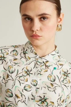 Camicia in seta a fantasia - Beige Verde Bianco