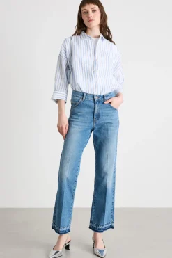 Camicia in tela con maniche tre quarti - Azzurro Bianco
