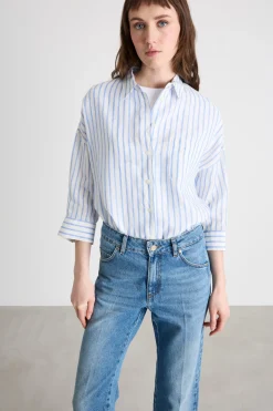 Camicia in tela con maniche tre quarti - Azzurro Bianco