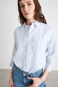 Camicia in tela con maniche tre quarti - Azzurro Bianco