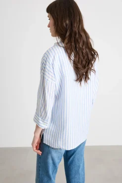 Camicia in tela con maniche tre quarti - Azzurro Bianco