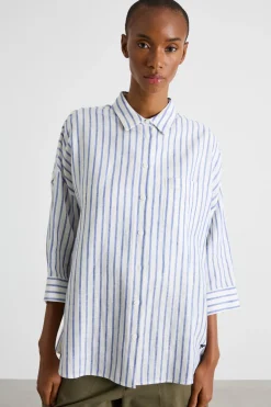 Camicia in tela con maniche tre quarti - Bianco Blu