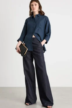 Camicia in tela con maniche tre quarti - Blu