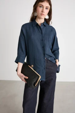 Camicia in tela con maniche tre quarti - Blu