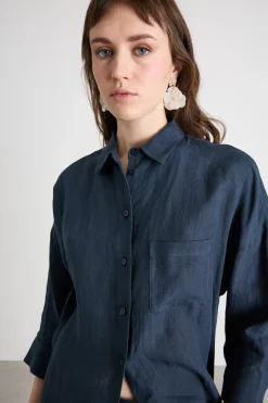 Camicia in tela con maniche tre quarti - Blu