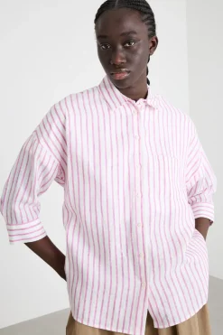 Camicia in tela con maniche tre quarti - Rosa Bianco