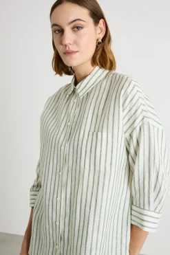 Camicia in tela con maniche tre quarti - Verde Bianco