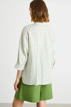 Camicia in tela con maniche tre quarti - Verde Bianco
