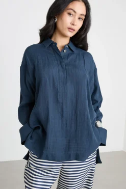 Camicia in tela con spacchi - Blu