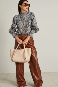 Camicia in twill stampato con rouches - Azzurro Marrone