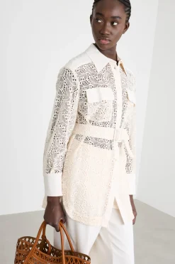 Camicia lunga in tulle ricamato - Avorio