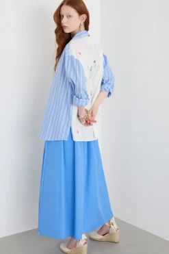 Camicia maxi con ricamo - Azzurro Bianco