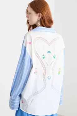 Camicia maxi con ricamo - Azzurro Bianco