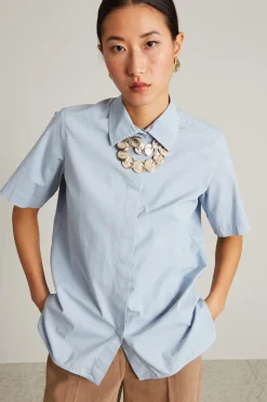 Camicia mezza manica con ricamo - Azzurro Polvere