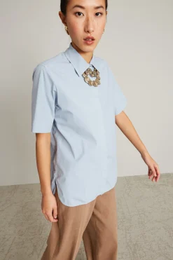 Camicia mezza manica con ricamo - Azzurro Polvere