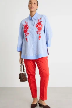 Camicia ricamata con maniche ampie a tre quarti - Azzurro Rosso