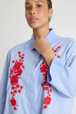 Camicia ricamata con maniche ampie a tre quarti - Azzurro Rosso