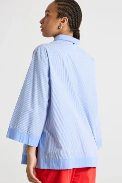 Camicia ricamata con maniche ampie a tre quarti - Azzurro Rosso