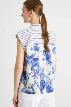 Camicia smanicata con retro a contrasto - Blu Bianco