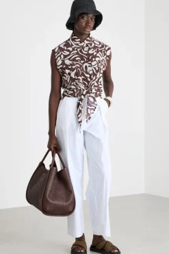 Camicia smanicata in crepe - Marrone Bianco