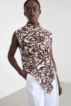 Camicia smanicata in crepe - Marrone Bianco