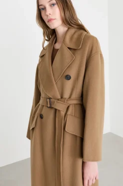 Cappotto doppiopetto con cintura - Cammello