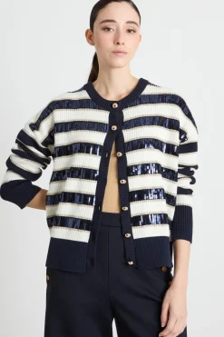 Cardigan a righe con paillettes - Bianco Nero