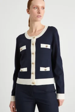 Cardigan boxy con profili a contrasto - Blu Bianco