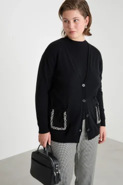 Cardigan con tasche ricamate con strass - Nero