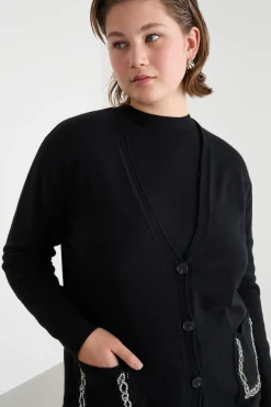 Cardigan con tasche ricamate con strass - Nero