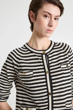 Cardigan girocollo con piccole tasche applicate - Bianco Nero
